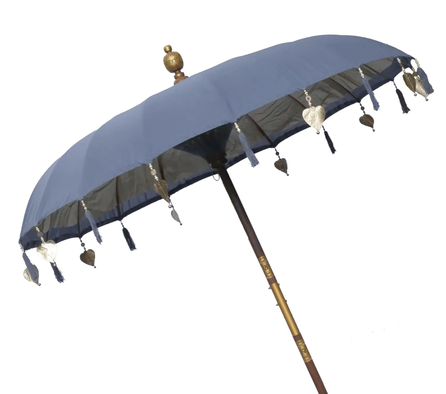  Product image 2 of the product “Bali umbrella, Dark Grey 1 with wooden coins and gold leaves hanging around the edge. Approx. 190cm dia. and 250cm height ”